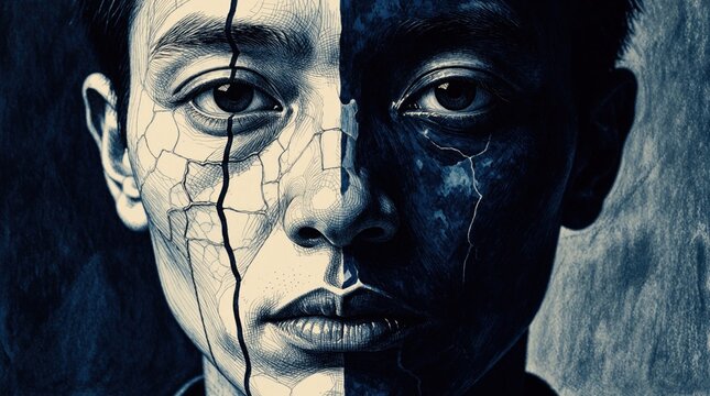Fragmented human face split in two styles. One half has cracked texture and fine lines, other half is dark abstract. Artistic portrait represents duality, inner conflict, and divided identity.