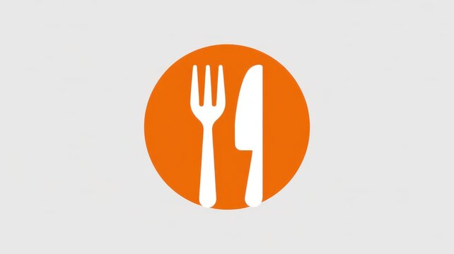 Simple flat icon of fork and knife inside orange circle