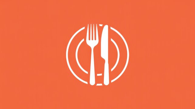 Minimalist white fork and knife icon on orange background