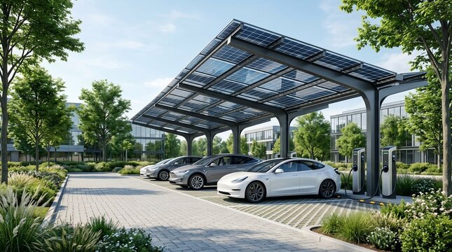 Electric vehicle charging station with solar panel canopy and modern building