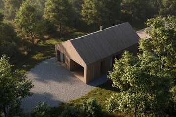 Modern wooden house exterior in forest setting. Minimalist scandinavian architecture features clean lines, large windows, and natural materials. Residential building nestled among trees.