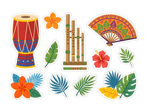 Vector sticker set featuring traditional Indonesian cultural elements including a Kendang drum, bamboo flute instrument, patterned folding fan, hibiscus flowers, frangipani, and tropical palm leaves.