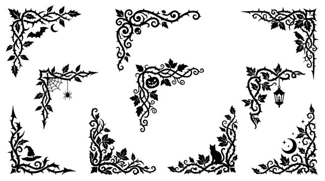 Set of decorative halloween corner frames with spooky vines bats cats and witch hats in black ink