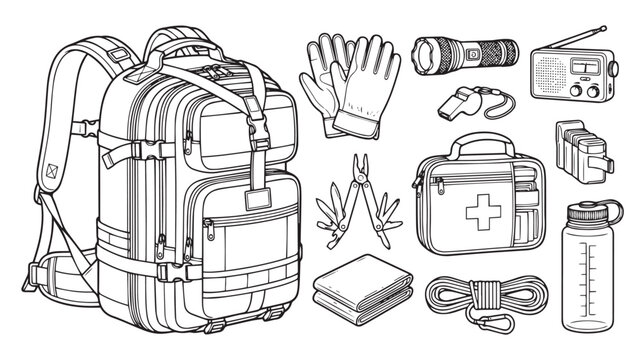 Emergency survival kit icons, tactical backpack with disaster preparedness gear, first aid and outdoor safety equipment vector set