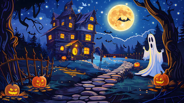 Adorable cartoon ghost beside a Halloween pumpkin near a winding path with an abandoned mansion, bats and a full moon in the night sky, magical Halloween illustration concept