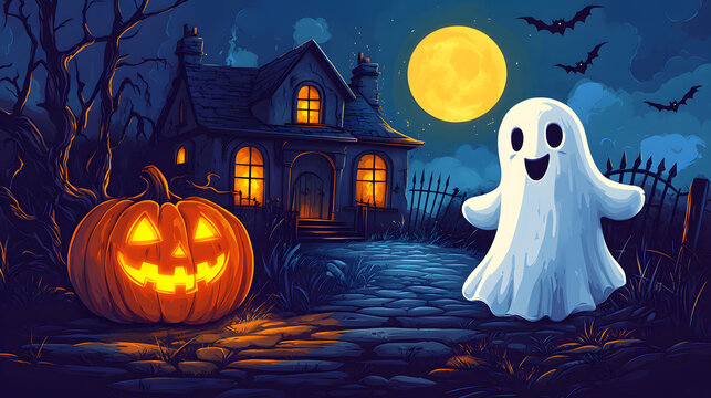 Cute animated ghost posing next to a carved Halloween pumpkin outside a spooky abandoned mansion under a moonlit sky, charming seasonal cartoon artwork concept