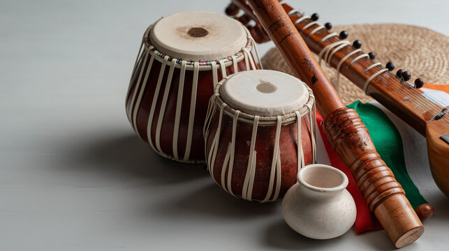  Tricolor composition of Indian instruments on white background with space for branding.
