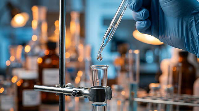 Close-up of a gloved hand holding a pipette, dropping liquid into a test tube in a laboratory setting.