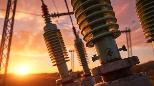 Close up of electrical power grid insulators on a transmission tower against a warm sunset sky with soft clouds and a glowing orange horizon line