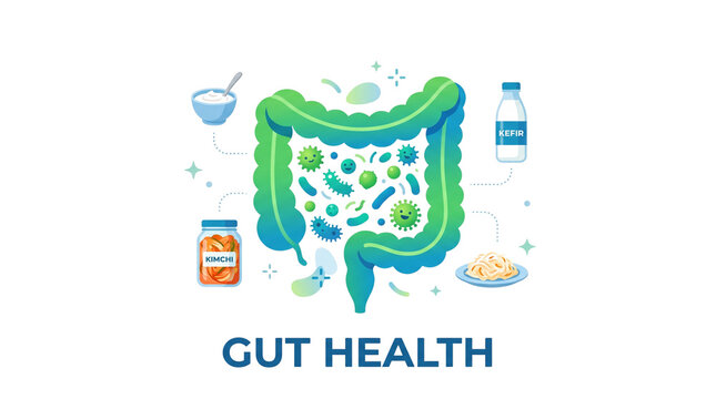Gut health medical illustration with human intestine, probiotic foods and microbiome bacteria, digestive system wellness concept, probiotic yogurt and kefir