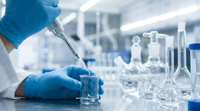 Scientist in blue gloves carefully using a pipette to transfer liquid in a laboratory setting with glassware.