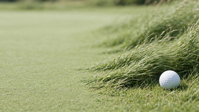 A white golf ball on the edge where manicured green meets wild grass, illustrating the blend of precision and nature on a golf course
