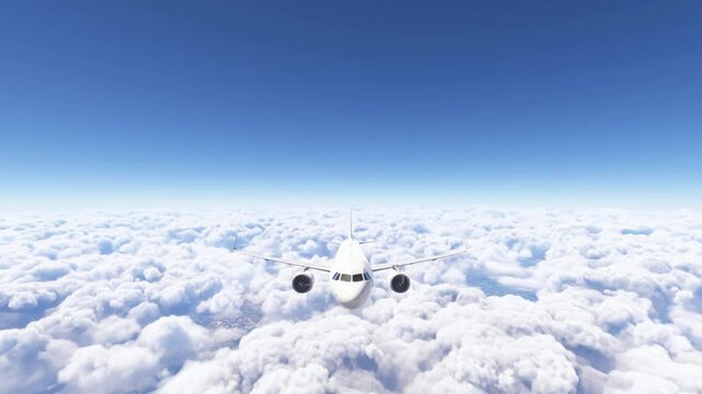 Commercial airplane flying high above white clouds under clear blue sky.