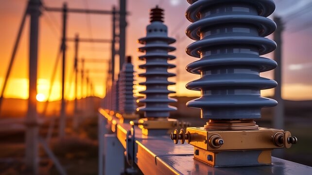 Industrial voltage electrical insulators on a metal transmission tower during a dramatic sunset with a glowing orange sky and blurred horizon