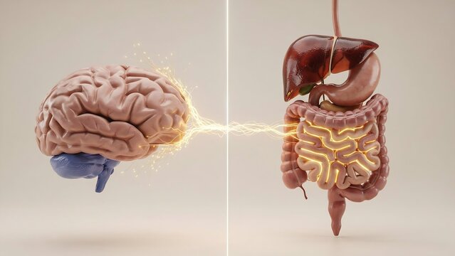 Abstract illustration representing gut brain axis connection with neural pathways between human mind and digestive system organs showing internal communication through electrical signals.