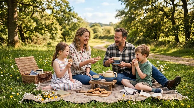 Family Picnic Outdoor Sunlit Park Happy Parents Children Sharing Snacks