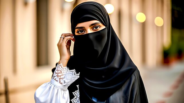 Muslim woman wearing black niqab and hijab with elegant modest fashion