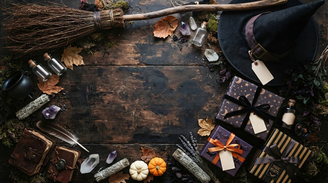 Witchcraft and halloween gift flat lay with magic items and witch hat, halloween