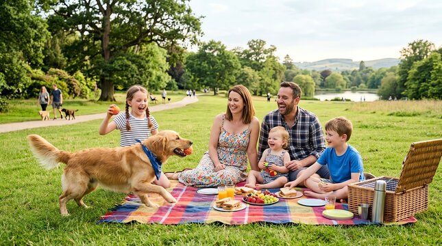 Happy Family Picnicking Outdoors with Dog in Park on Sunny Day