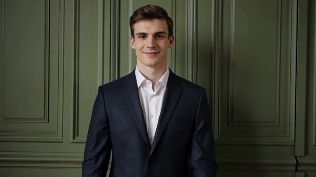 Young man in dark suit fastening jacket while standing before olive green paneled wall in centered studio style portrait with calm confident expression and refined formal presence