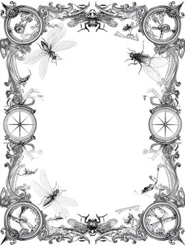 Ornate steampunk border, detailed etching of mechanical insects, compasses, and decorative flourishes, clean white center, monochrome black ink
