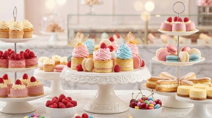 The most popular and delicious desserts on the table, against a unique backdrop. Pastries, a beautiful, delicate background.