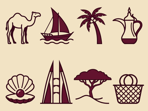 Bahrain Cultural Heritage and Modern Landmarks Vector Icon Set