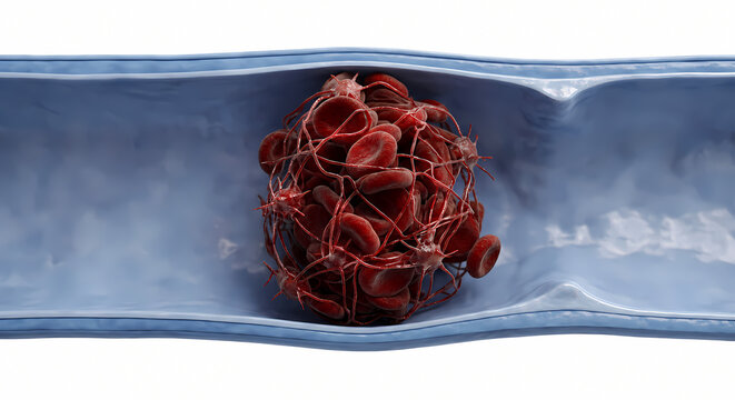 Microscopic view of blood clot and fibrin mesh blocking blood vessel in deep vein thrombosis