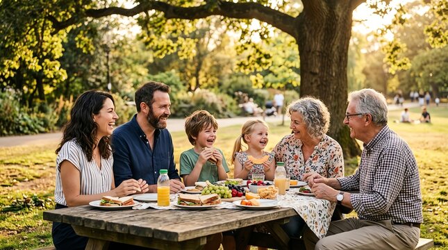 Family Gathering Outdoor Picnic in Park with Smiling Adults and Children Under Tree in Warm Sunlight