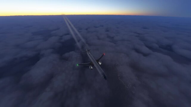 Airplane Flying Above Clouds During Sunset Aerial View.