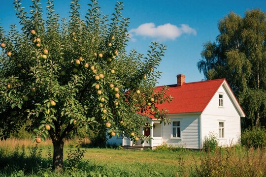 Fruit tree with ripe apples grows near white cottage with red roof. Sunny summer day in rural countryside landscape. Green garden, blue sky create peaceful home environment. Small farm house stands
