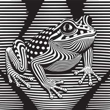 Optical‑art black‑and‑white frog illustration with striped and dotted patterns &mdash; symbolizing perception, creativity, and visual rhythm