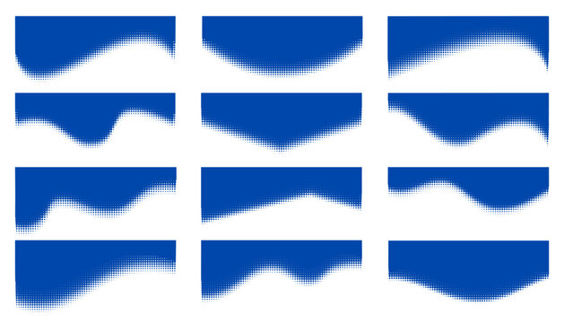 Modern shape header with flowing wave curves and elegant blue halftone dotted gradient for website banners, business presentations and corporate page layouts. Abstract vector borders on white