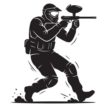 Dynamic silhouette of a paintball player in action holding a marker gun, protective gear.