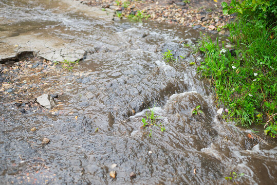 Water moves steadily along a dirt path in a rural area, creating a small stream. The scene shows grass and stones alongside the flowing water, indicating recent rain
