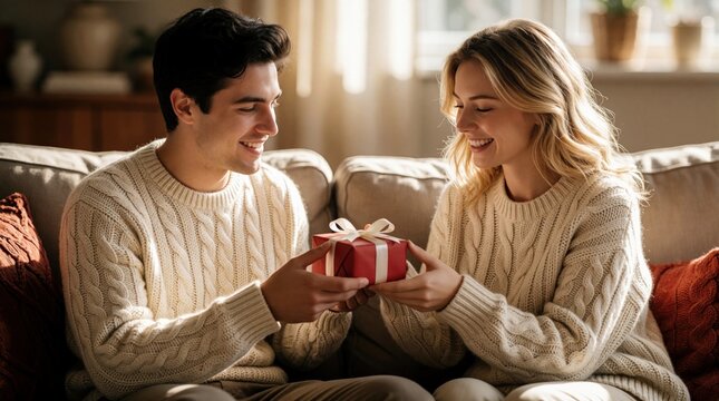 Young man gives red gift box to smiling woman on comfortable sofa. Happy couple wears cozy sweaters in warm living room interior. Partners share romantic surprise during holiday celebration. Man