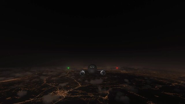 Aerial night flight over city lights with aircraft engines visible.