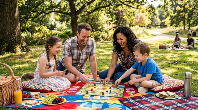 Family Playing Board Game on Picnic Blanket in Park Bright Day Happy Outdoor Leisure