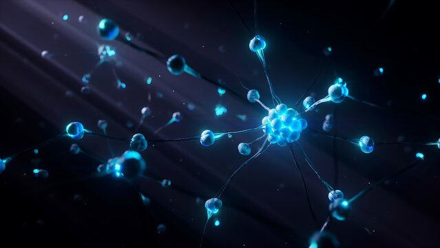Abstract microscopic view of a glowing blue neural network with connected nodes and branching structures on a dark background, with light.