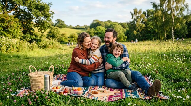 Happy Family Picnicking in Green Field on Sunny Day Outdoors