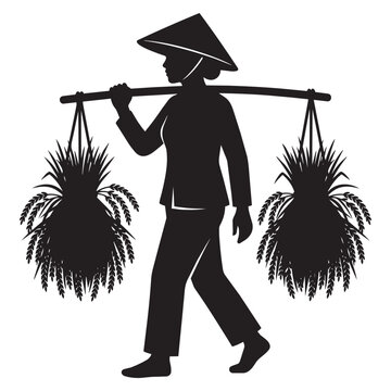 Traditional silhouette of an Asian farmer carrying a shoulder pole with rice bundles.