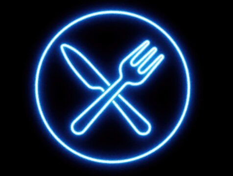 Neon blue fork and knife icon glows on black background. Modern symbol for restaurant, cafe, or dining. Simple graphic signifies food service or eatery. Bright light emblem.