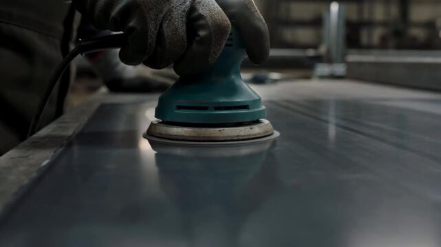 Gloved hand pressing orbital sander onto reflective steel sheet inside industrial workshop, capturing precise surface finishing, metallic shine, close detailed view and steady tool contact