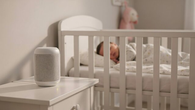 White smart speaker on bedside table in cozy nursery with sleeping baby in crib provides gentle background noise and ambient music for peaceful sleep environment in modern family home.