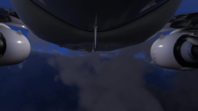 Underneath View Of Jet Flying Over Clouds At Night thunderstrom