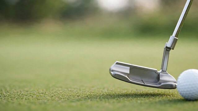 Close-up of a Professional Golf Putter Preparing to Hit a White Ball on a Lush Green Putting Green