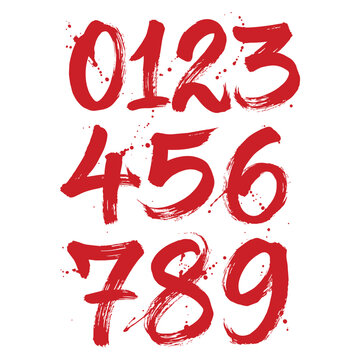 Set of red numbers 0-9 featuring a distressed stencil texture, industrial countdown.