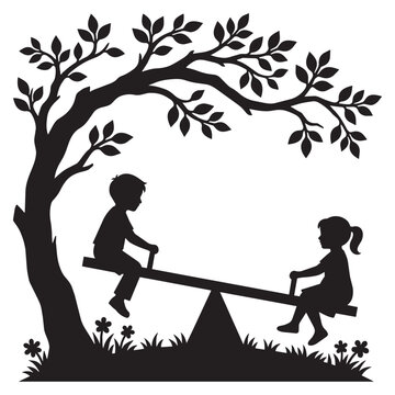 Beautiful black silhouette of a boy and girl playing on a see-saw under a tree.