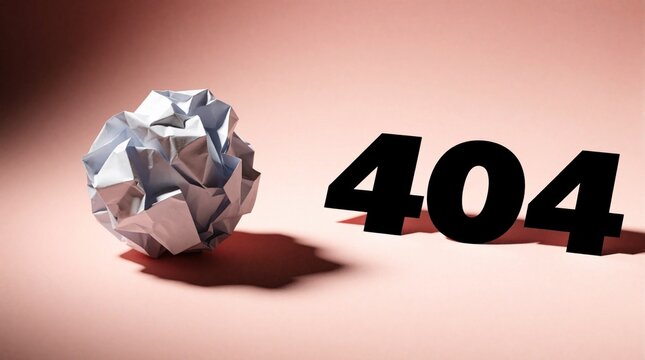 Crumpled paper ball sits beside bold 404 text on a soft pink background. Represents webpage error or broken link. Digital problem or mistake.