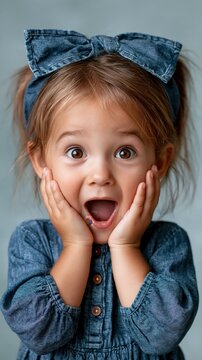 Close-up portrait of a young girl with an exaggerated surprised expression, wide eyes and open mouth, positive shock reaction